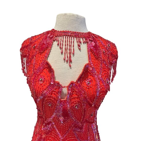 Vintage Gunit 80s Red Beaded Fringe Cocktail Dress With Open Back & High Necklin - Picture 2 of 12